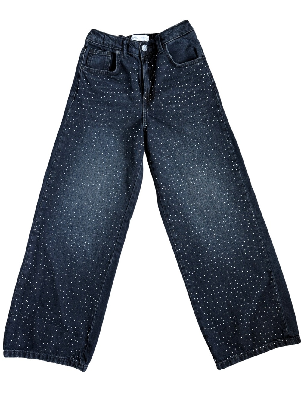 Zara Girls Wide Leg Rhinestone Jeans Size 11-12Y Dark Wash Sparkly Denim Pants